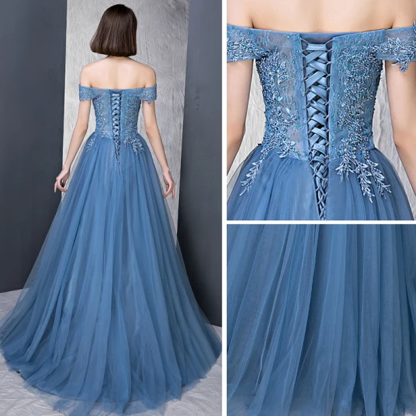 Modern / Fashion Ocean Blue Evening Dresses  2018 A-Line / Princess Off-The-Shoulder Short Sleeve Appliques Lace Beading Pearl Rhinestone Sweep Train Ruffle Backless Formal Dresses