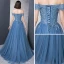 Modern / Fashion Ocean Blue Evening Dresses  2018 A-Line / Princess Off-The-Shoulder Short Sleeve Appliques Lace Beading Pearl Rhinestone Sweep Train Ruffle Backless Formal Dresses