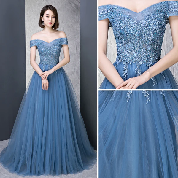 Modern / Fashion Ocean Blue Evening Dresses  2018 A-Line / Princess Off-The-Shoulder Short Sleeve Appliques Lace Beading Pearl Rhinestone Sweep Train Ruffle Backless Formal Dresses