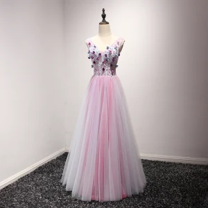 Chic Belle Rougissant Rose Robe De Soirée 2017 Princesse Longue Volants En Cascade V Cou Sans Manches Dos Nu Perlage Cristal Paillettes Appliques Fleur Percé Robe De Ceremonie