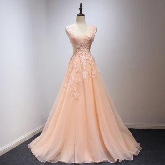 Chic Belle Champagne Robe De Soirée 2018 Princesse V Cou Sans Manches Appliques En Dentelle Perlage Tribunal Train Volants Dos Nu Robe De Ceremonie
