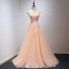 Chic / Beautiful Champagne Evening Dresses  2018 A-Line / Princess V-Neck Sleeveless Appliques Lace Beading Court Train Ruffle Backless Formal Dresses