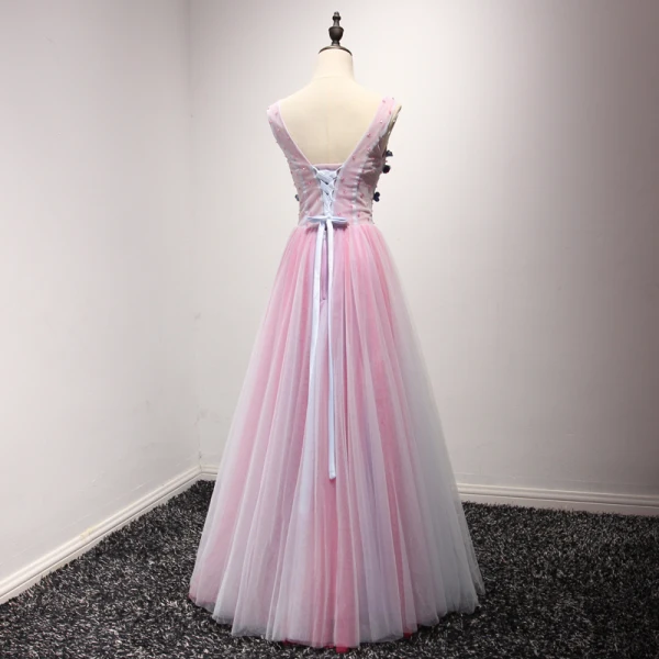 Chic / Beautiful Blushing Pink Evening Dresses 2017 A-Line / Princess Floor-Length / Long Cascading Ruffles V-Neck Sleeveless Backless Beading Crystal Sequins Appliques Flower Pierced Formal Dresses