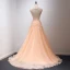 Chic / Beautiful Champagne Evening Dresses  2018 A-Line / Princess V-Neck Sleeveless Appliques Lace Beading Court Train Ruffle Backless Formal Dresses