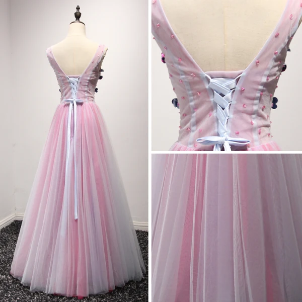 Chic / Beautiful Blushing Pink Evening Dresses 2017 A-Line / Princess Floor-Length / Long Cascading Ruffles V-Neck Sleeveless Backless Beading Crystal Sequins Appliques Flower Pierced Formal Dresses