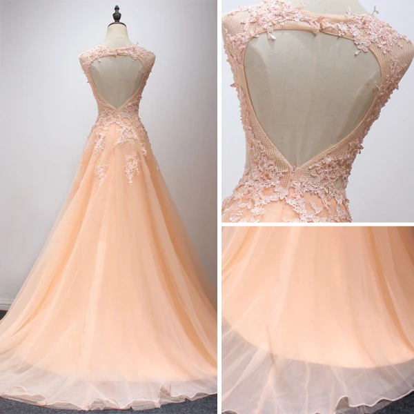 Chic / Beautiful Champagne Evening Dresses  2018 A-Line / Princess V-Neck Sleeveless Appliques Lace Beading Court Train Ruffle Backless Formal Dresses