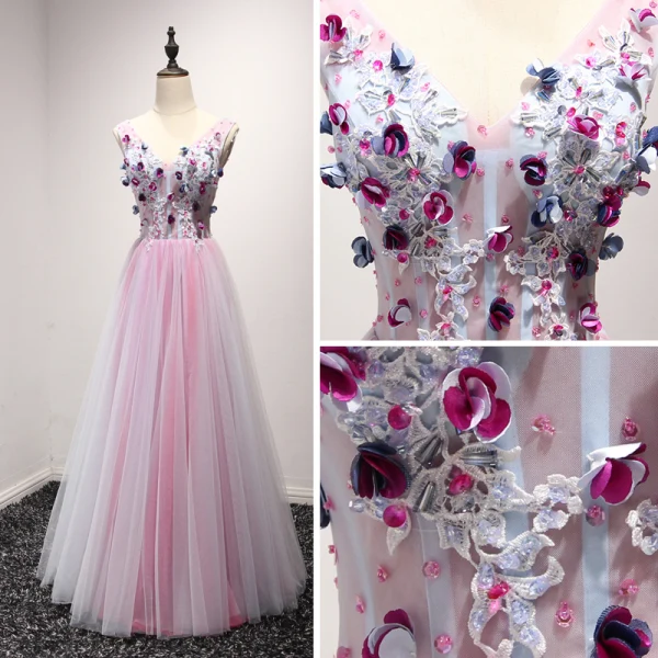 Chic / Beautiful Blushing Pink Evening Dresses 2017 A-Line / Princess Floor-Length / Long Cascading Ruffles V-Neck Sleeveless Backless Beading Crystal Sequins Appliques Flower Pierced Formal Dresses