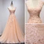 Chic / Beautiful Champagne Evening Dresses  2018 A-Line / Princess V-Neck Sleeveless Appliques Lace Beading Court Train Ruffle Backless Formal Dresses