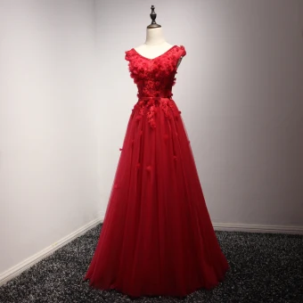 Moderne Mode Rouge Robe De Soirée 2017 Princesse Longue Volants En Cascade V Cou Sans Manches Dos Nu Perle Perlage En Dentelle Appliques Fleur Noeud Ceinture Robe De Ceremonie