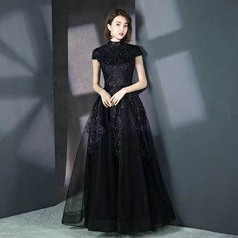 Vintage Originale Noire Robe De Bal 2018 Princesse Col Haut Mancherons Glitter Paillettes Longue Volants Robe De Ceremonie