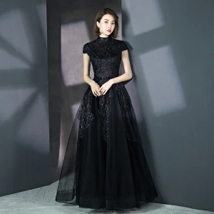 Vintage Retro Black Prom Dresses 2018 A Line Princess High Neck Cap Sleeves Glitter Sequins Floor Length Long Ruffle Formal Dresses