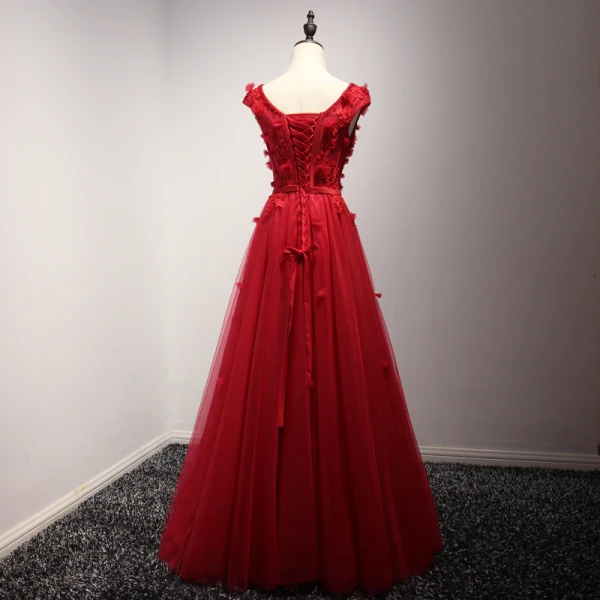 Modern / Fashion Red Evening Dresses 2017 A-Line / Princess Floor-Length / Long Cascading Ruffles V-Neck Sleeveless Backless Pearl Beading Lace Appliques Flower Bow Sash Formal Dresses