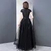 Vintage / Retro Black Prom Dresses 2018 A-Line / Princess High Neck Cap Sleeves Glitter Sequins Floor-Length / Long Ruffle Formal Dresses