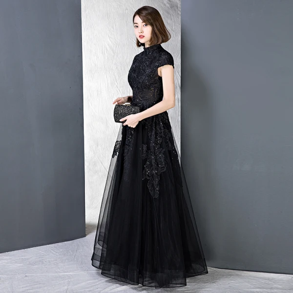 Vintage / Retro Black Prom Dresses 2018 A-Line / Princess High Neck Cap Sleeves Glitter Sequins Floor-Length / Long Ruffle Formal Dresses