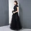Vintage / Retro Black Prom Dresses 2018 A-Line / Princess High Neck Cap Sleeves Glitter Sequins Floor-Length / Long Ruffle Formal Dresses