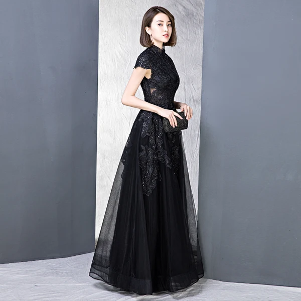 Vintage / Retro Black Prom Dresses 2018 A-Line / Princess High Neck Cap Sleeves Glitter Sequins Floor-Length / Long Ruffle Formal Dresses