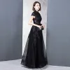 Vintage / Retro Black Prom Dresses 2018 A-Line / Princess High Neck Cap Sleeves Glitter Sequins Floor-Length / Long Ruffle Formal Dresses