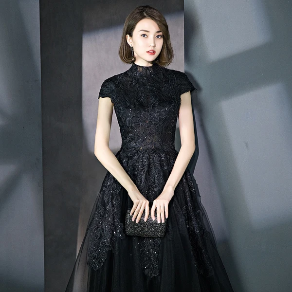 Vintage / Retro Black Prom Dresses 2018 A-Line / Princess High Neck Cap Sleeves Glitter Sequins Floor-Length / Long Ruffle Formal Dresses