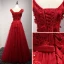 Modern / Fashion Red Evening Dresses  2017 A-Line / Princess Floor-Length / Long Cascading Ruffles V-Neck Sleeveless Backless Pearl Beading Lace Appliques Flower Bow Sash Formal Dresses