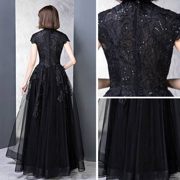 Vintage / Retro Black Prom Dresses 2018 A-Line / Princess High Neck Cap Sleeves Glitter Sequins Floor-Length / Long Ruffle Formal Dresses