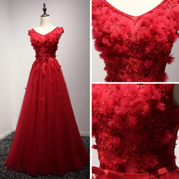 Modern / Fashion Red Evening Dresses 2017 A-Line / Princess Floor-Length / Long Cascading Ruffles V-Neck Sleeveless Backless Pearl Beading Lace Appliques Flower Bow Sash Formal Dresses