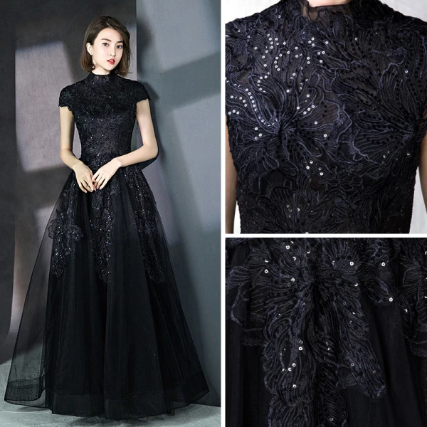 Vintage / Retro Black Prom Dresses 2018 A-Line / Princess High Neck Cap Sleeves Glitter Sequins Floor-Length / Long Ruffle Formal Dresses