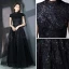 Vintage / Retro Black Prom Dresses 2018 A-Line / Princess High Neck Cap Sleeves Glitter Sequins Floor-Length / Long Ruffle Formal Dresses