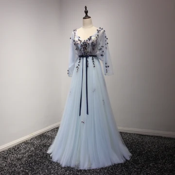 Elegant Sky Blue Prom Dresses 2017 A Line Princess Floor Length Long Cascading Ruffles V Neck Long Sleeve Backless Embroidered Appliques Flower Sash Formal Dresses
