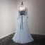 Elegant Sky Blue Prom Dresses 2017 A-Line / Princess Floor-Length / Long Cascading Ruffles V-Neck Long Sleeve Backless Embroidered Appliques Flower Sash Formal Dresses