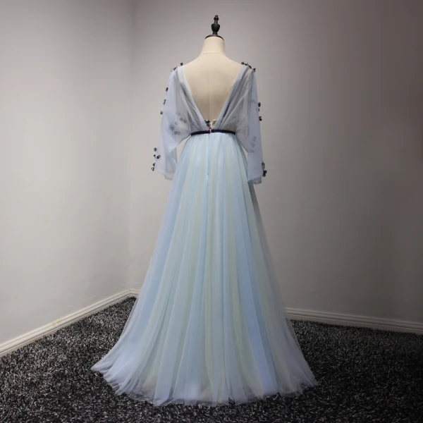 Elegant Sky Blue Prom Dresses 2017 A-Line / Princess Floor-Length / Long Cascading Ruffles V-Neck Long Sleeve Backless Embroidered Appliques Flower Sash Formal Dresses