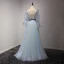 Elegant Sky Blue Prom Dresses 2017 A-Line / Princess Floor-Length / Long Cascading Ruffles V-Neck Long Sleeve Backless Embroidered Appliques Flower Sash Formal Dresses