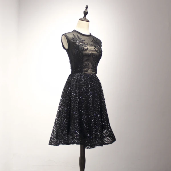 Bling Bling Black Homecoming Graduation Dresses 2018 A-Line / Princess Scoop Neck Sleeveless Appliques Pierced Lace Pearl Beading Knee-Length Ruffle Formal Dresses