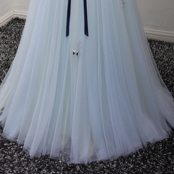 Elegant Sky Blue Prom Dresses 2017 A-Line / Princess Floor-Length / Long Cascading Ruffles V-Neck Long Sleeve Backless Embroidered Appliques Flower Sash Formal Dresses