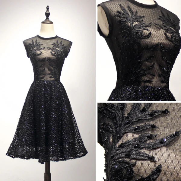 Bling Bling Black Homecoming Graduation Dresses 2018 A-Line / Princess Scoop Neck Sleeveless Appliques Pierced Lace Pearl Beading Knee-Length Ruffle Formal Dresses