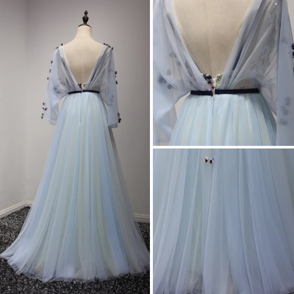 Elegant Sky Blue Prom Dresses 2017 A-Line / Princess Floor-Length / Long Cascading Ruffles V-Neck Long Sleeve Backless Embroidered Appliques Flower Sash Formal Dresses