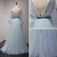 Elegant Sky Blue Prom Dresses 2017 A-Line / Princess Floor-Length / Long Cascading Ruffles V-Neck Long Sleeve Backless Embroidered Appliques Flower Sash Formal Dresses