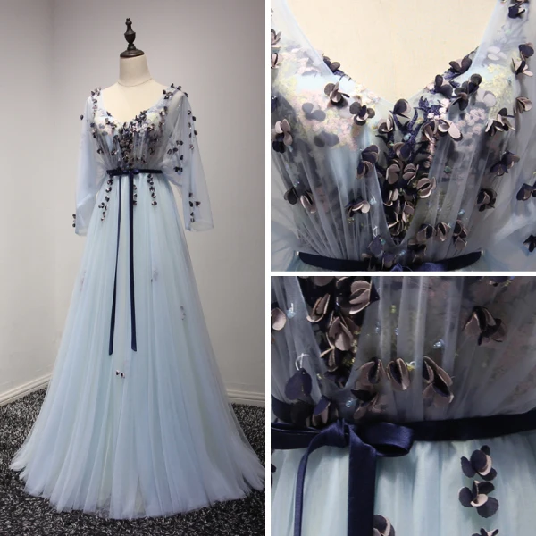 Elegant Sky Blue Prom Dresses 2017 A-Line / Princess Floor-Length / Long Cascading Ruffles V-Neck Long Sleeve Backless Embroidered Appliques Flower Sash Formal Dresses