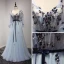 Elegant Sky Blue Prom Dresses 2017 A-Line / Princess Floor-Length / Long Cascading Ruffles V-Neck Long Sleeve Backless Embroidered Appliques Flower Sash Formal Dresses
