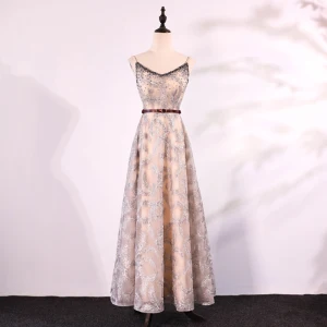 Chic Champagne Brodé Robe De Soirée 2018 Princesse Bretelles Spaghetti Sans Manches Perlage Faux Diamant Ceinture Longueur Cheville Volants Dos Nu Robe De Ceremonie