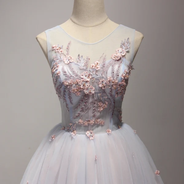 Modern / Fashion Sky Blue Homecoming Graduation Dresses 2017 Cascading Ruffles Short Ball Gown Scoop Neck Sleeveless Backless Rhinestone Pearl Lace Appliques Flower Pierced Formal Dresses
