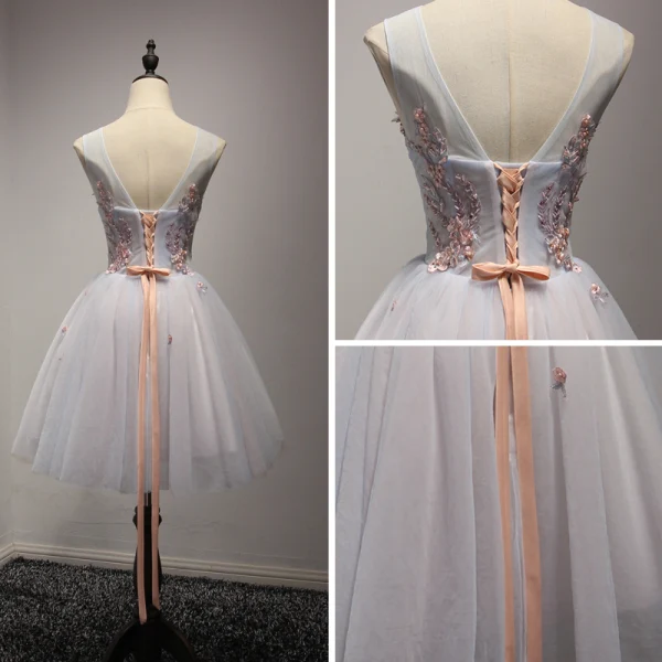 Modern / Fashion Sky Blue Homecoming Graduation Dresses 2017 Cascading Ruffles Short Ball Gown Scoop Neck Sleeveless Backless Rhinestone Pearl Lace Appliques Flower Pierced Formal Dresses