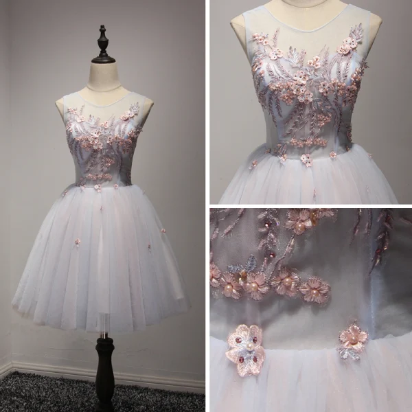 Modern / Fashion Sky Blue Homecoming Graduation Dresses 2017 Cascading Ruffles Short Ball Gown Scoop Neck Sleeveless Backless Rhinestone Pearl Lace Appliques Flower Pierced Formal Dresses