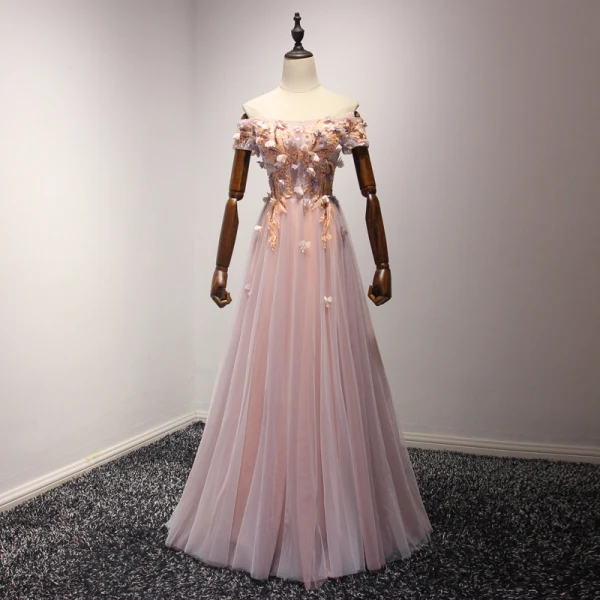 Chic / Beautiful Pearl Pink Evening Dresses 2017 A-Line / Princess Floor-Length / Long Cascading Ruffles Off-The-Shoulder Short Sleeve Backless Beading Sequins Appliques Flower Formal Dresses