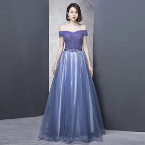 Élégant Bleu Roi Robe De Soirée 2018 Princesse De L Épaule Manches Courtes Perlage Faux Diamant Noeud Ceinture Longue Volants Dos Nu Robe De Ceremonie