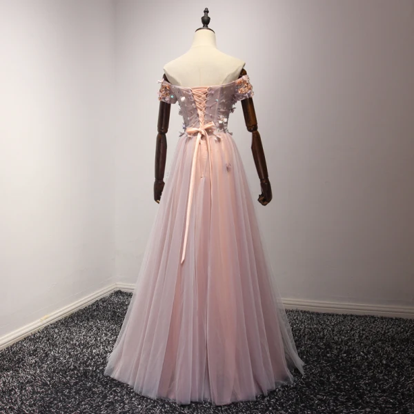 Chic / Beautiful Pearl Pink Evening Dresses 2017 A-Line / Princess Floor-Length / Long Cascading Ruffles Off-The-Shoulder Short Sleeve Backless Beading Sequins Appliques Flower Formal Dresses