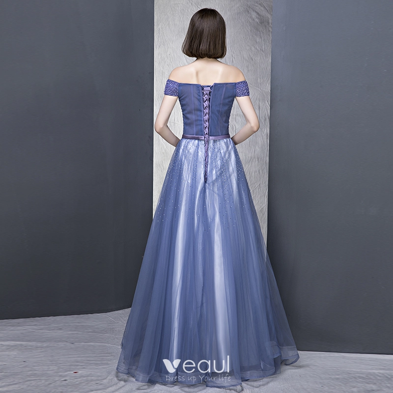 Elegant Royal Blue Evening Dresses 2018 A Line Princess Off The Shoulder Short Sleeve Beading Rhinestone Bow Sash Floor Length Long Ruffle Backless Formal Dresses