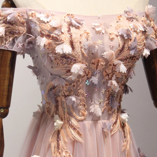 Chic / Beautiful Pearl Pink Evening Dresses 2017 A-Line / Princess Floor-Length / Long Cascading Ruffles Off-The-Shoulder Short Sleeve Backless Beading Sequins Appliques Flower Formal Dresses