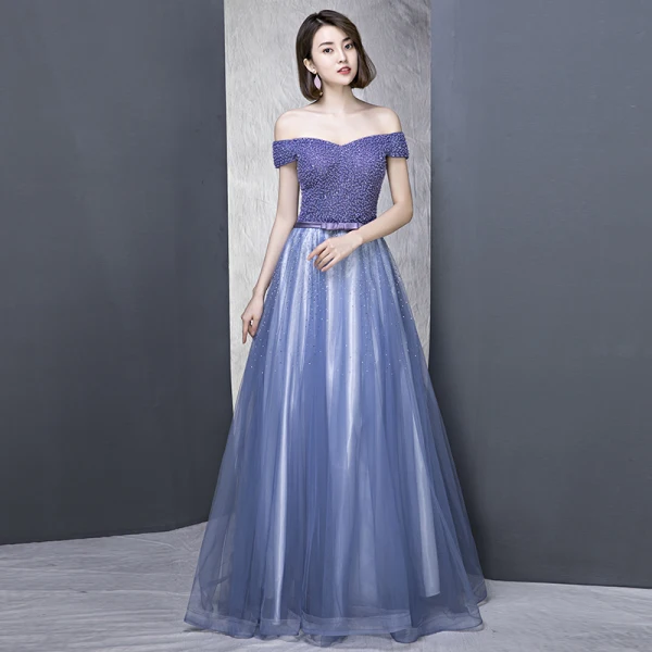 Élégant Bleu Roi Robe De Soirée 2018 Princesse De l'épaule Manches Courtes Perlage Faux Diamant Noeud Ceinture Longue Volants Dos Nu Robe De Ceremonie