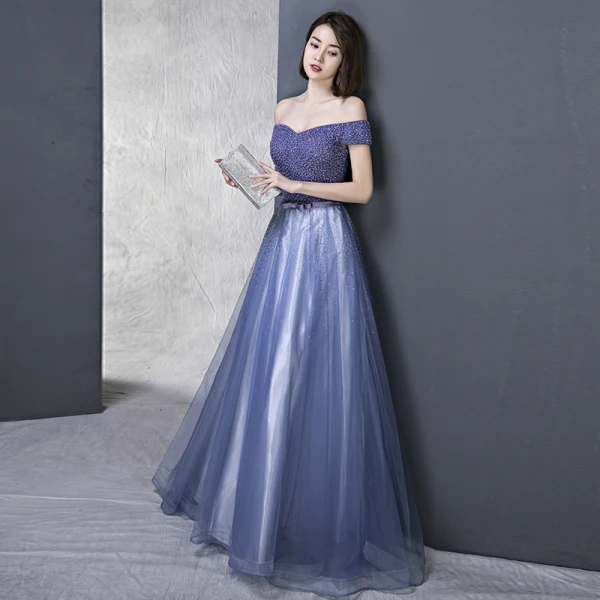 Élégant Bleu Roi Robe De Soirée 2018 Princesse De l'épaule Manches Courtes Perlage Faux Diamant Noeud Ceinture Longue Volants Dos Nu Robe De Ceremonie