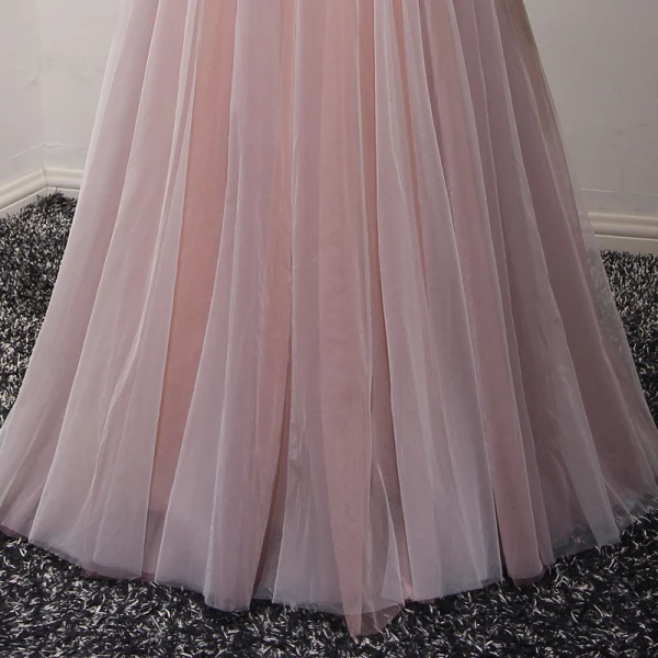 Chic / Beautiful Pearl Pink Evening Dresses 2017 A-Line / Princess Floor-Length / Long Cascading Ruffles Off-The-Shoulder Short Sleeve Backless Beading Sequins Appliques Flower Formal Dresses